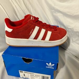 adidas Kids Red Suede Campus Sneakers with White Stripes